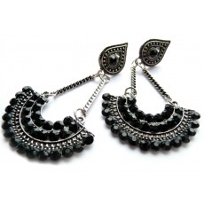 Black Crystal Earrings, Boho Chic, Post Dangle, Fan Earrings, 